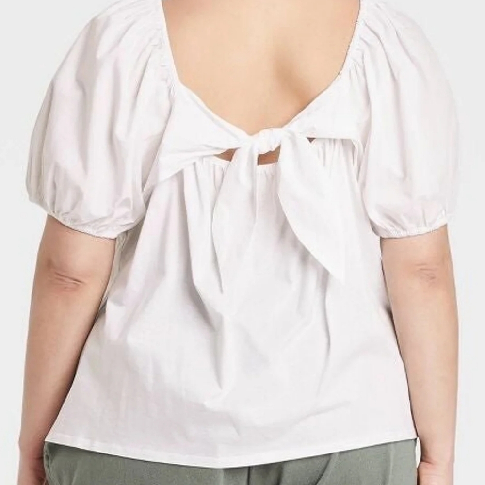 A New Day White Tie Front Puff Sleeve Blouse Women's Large